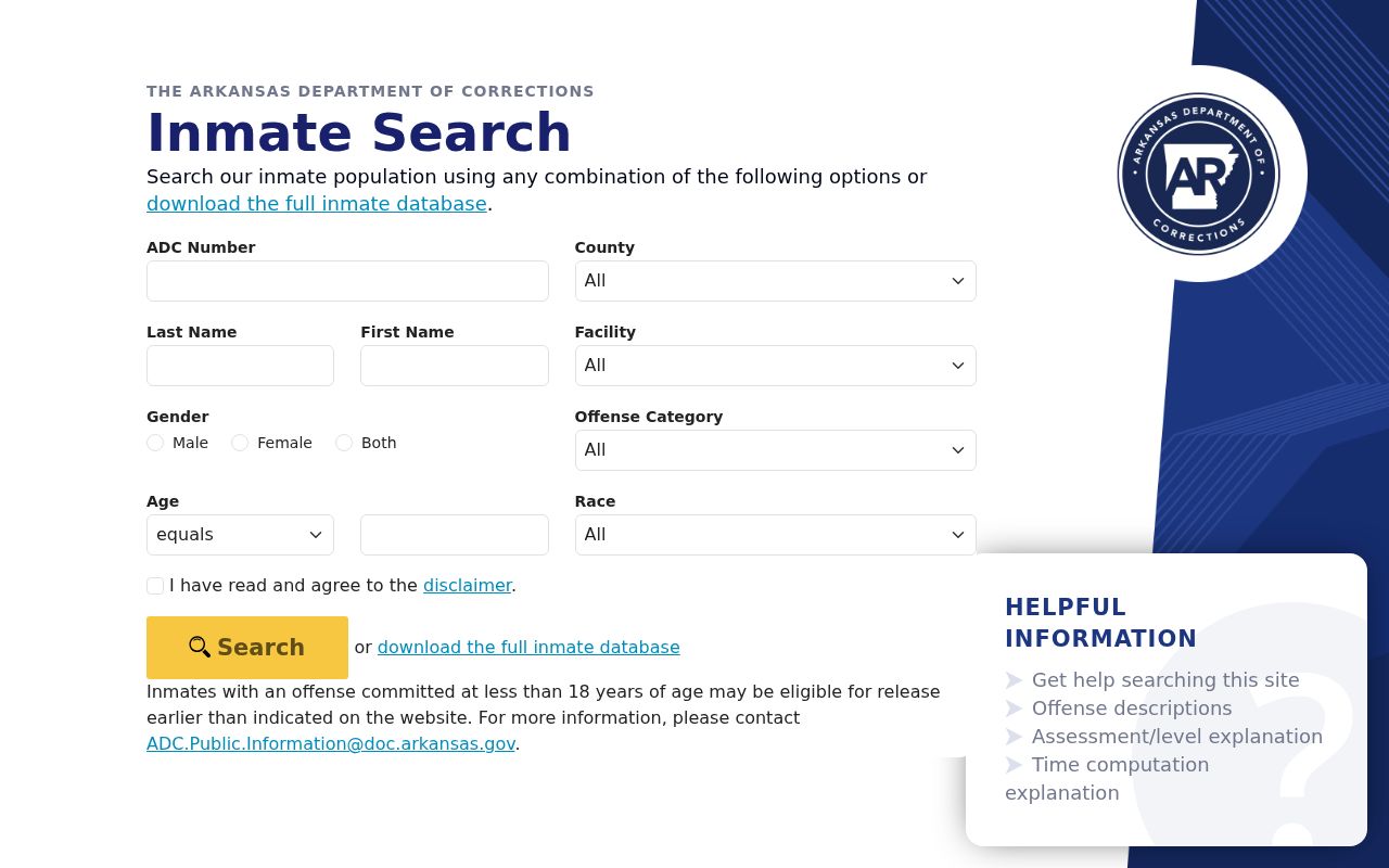 Russellville public records Arkansas Department of Corrections inmate search