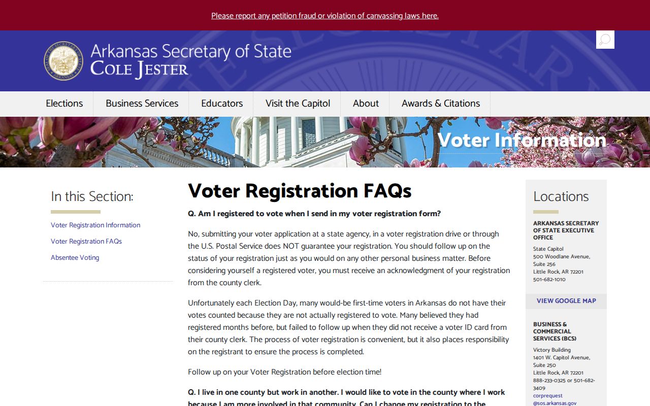 Russellville voter registration records Arkansas Secretary of State FAQ