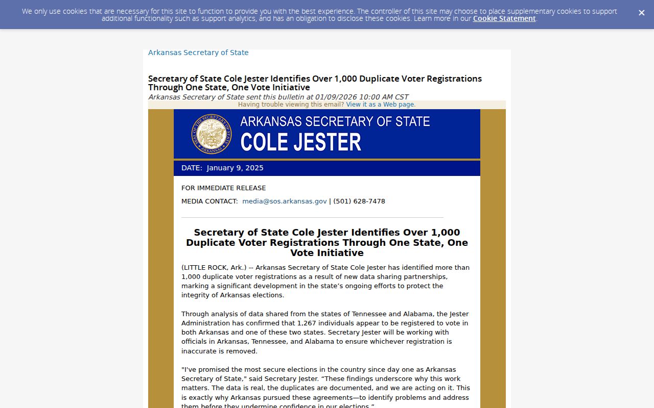 Russellville voter registration records Arkansas duplicate registration initiative