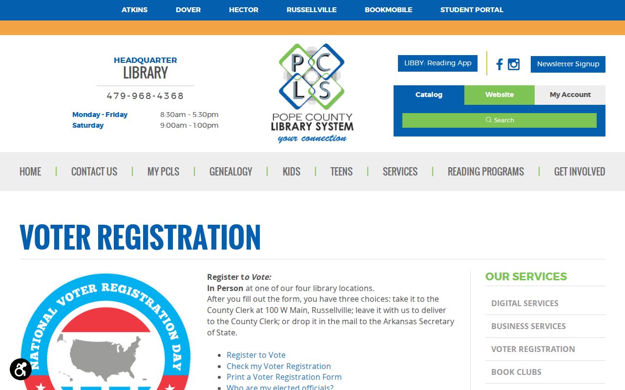 Russellville voter registration records Pope County Library registration service